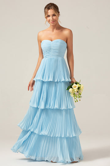 Sky Blue Sweetheart Pleated Tiered Long Bridesmaid Dress